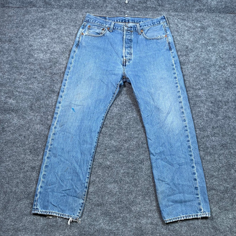 Levis 501 Original Fit Jeans Mens 34x29 Light Wash Distressed Button Fly Blue - Picture 2 of 9
